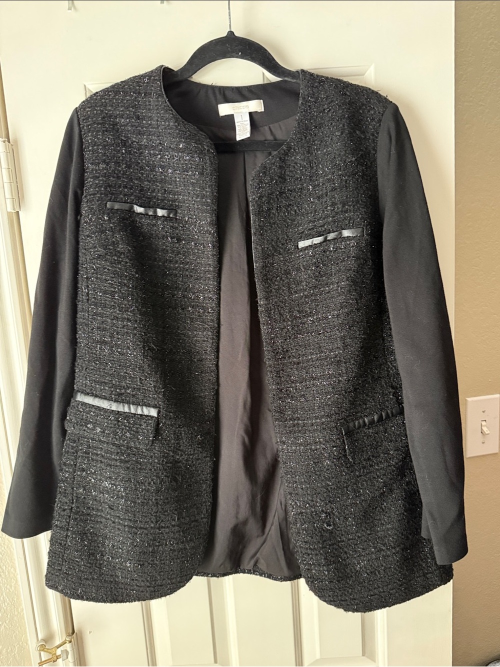 Chico's Black Tweed Open-Front Blazer with Trim